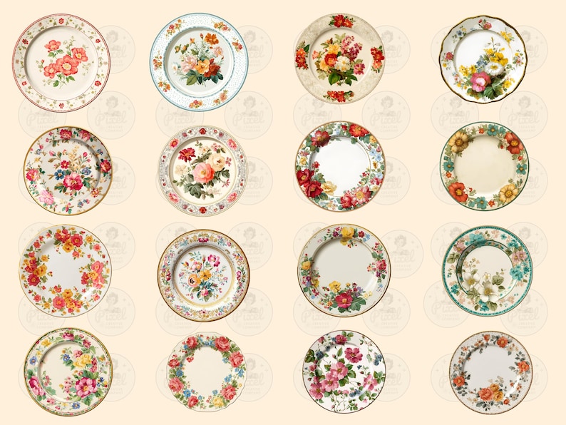 Pode incluir: Uma cole&ccedil;&atilde;o de pratos decorativos em estilo vintage com desenhos florais. Cada prato apresenta um arranjo &uacute;nico de rosas, pe&oacute;nias e outras flores em v&aacute;rias cores, com bordas e bordas detalhadas.