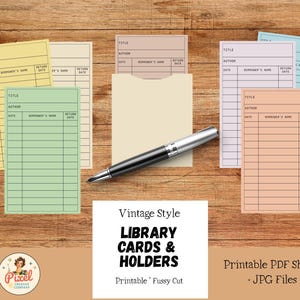 May include: A selection of vintage library cards and holders in pastel shades, such as yellow, green, and peach, displayed on a wooden background. A silver and black pen is positioned near the cards. The image features the text "LIBRARY CARDS & HOLDERS".