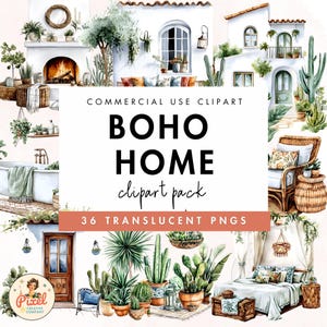 Boho Home Watercolor Clipart: Bohemian House PNG Set (Digital Download)