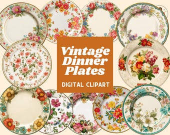 Imágenes prediseñadas de platos llanos florales vintage / Gráficos de porcelana en acuarela (PNG)