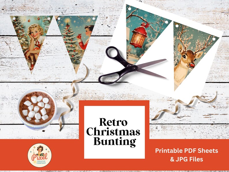 Retro Christmas Bunting Printable | Vintage Christmas Decoration | Digital Download | Holiday Bunting Printable | PDF File | JPEG files