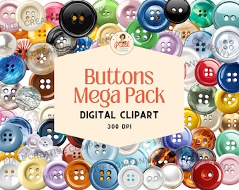 Puede incluir: Una colección de botones coloridos de varios tamaños y diseños. La imagen incluye botones en tonos de azul, verde, amarillo, rojo y más. El texto en la imagen dice "Buttons Mega Pack DIGITAL CLIPART 300 DPI."