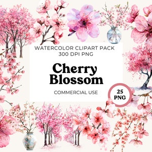Aquarell Kirschblüten Clipart, Japanische Kirschblüten Zweige und Bäume Grafiken, kommerzielle Nutzung