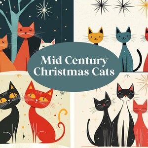 Gatos de Natal de meados do século Clipart Gráficos Adequados para Cartões de felicitações Decorações Convites e Arte de parede Gatos de Natal dos anos 1950