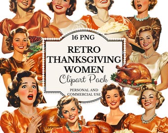 Retro Thanksgiving Clipart: Vintage Women Serving Turkey (PNG, PDF Download