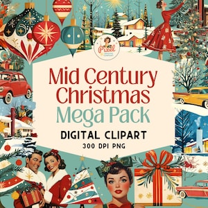 1950s Mid Century Christmas Clipart Mega Pack | 50s Holiday Graphics | Retro Vintage Christmas Holiday PNG | Commercial use