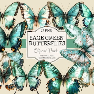 Illustrations graphiques clipart papillons vert sauge papillon Clip Art journaux indésirables Scrapbooking artisanat en papier usage Commercial