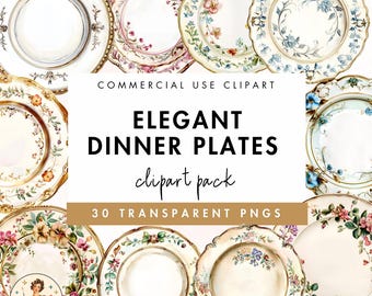 Ilustrações em aquarela de pratos de jantar: Gráficos elegantes de porcelana (PNG, PDF)
