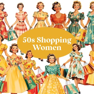 Jaren 50 vrouwen winkelen clipart jaren 50 vrouwen met boodschappentassen afbeeldingen Retro vrouw winkelen Vintage vrouw winkelen afbeeldingen commercieel gebruik