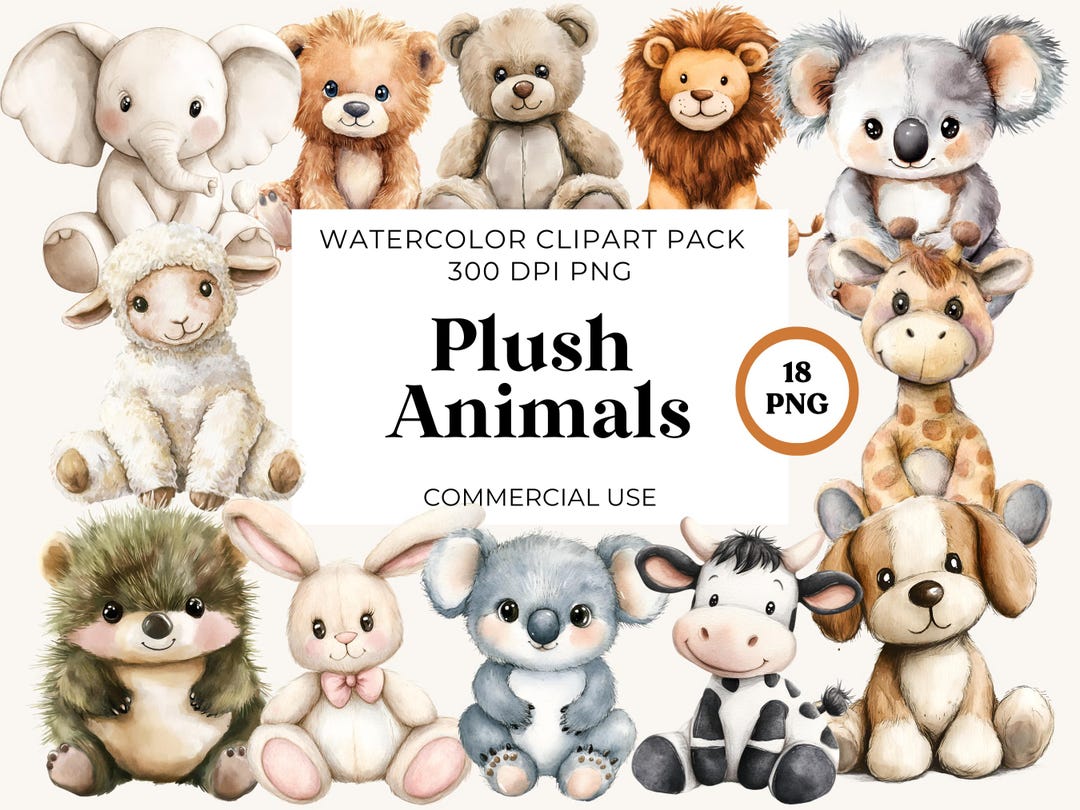 Watercolor Plush Animals Clipart, Nursery Animals Clipart Bundle ...