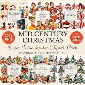 Mid-Century Christmas Clipart Bundle: 132 PNG Graphics (Digital Download)