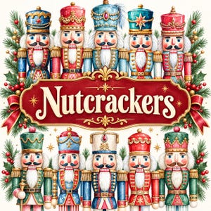 May include: A collection of ten decorative nutcracker figures arranged in two rows, featuring various uniforms in red, blue, green, and gold. A central red banner with gold trim displays the text Nutcrackers in white script lettering.