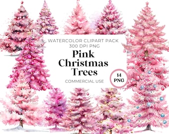 Pink Christmas Trees Watercolor Clipart: Retro Graphics (Digital Download)
