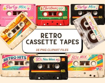 May include: A collection of retro cassette tapes with various designs and labels, including "Party Mix," "Christmas Mix," and "70s Mix." The tapes are in different colors, such as pink, red, black, and clear, with the text "Retro Cassette Tapes" in the center.