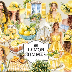 Imágenes prediseñadas de limón de verano, mujer con vestido amarillo, mujeres de verano, imágenes prediseñadas de limones de verano, gráficos, uso comercial, descarga digital, limón PNG
