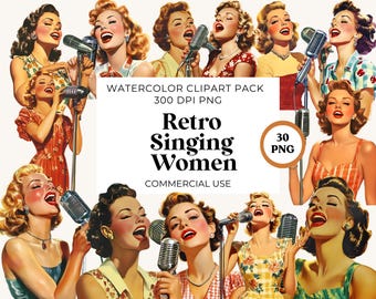 Retro Singing Women Clipart: Vintage Female Singers, PNG Graphics (Commercial Use)