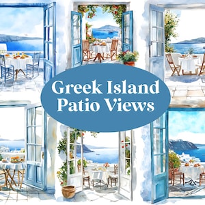Vues sur le patio de l'île grecque, vues de la Grèce, graphiques clipart aquarelle, utilisation commerciale autorisée, beaux patios grecs, vues sur l'île grecque