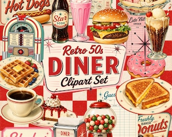 Retro 50s Diner Clipart PNG images, Vintage Diner Restaurant Cafe, Retro America, commercial use, Junk Journals, Scrapbook images
