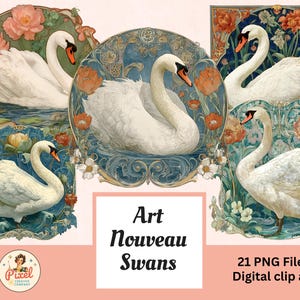 Art Nouveau Christmas Swan Clipart: Vintage Style Graphics (Digital Download)