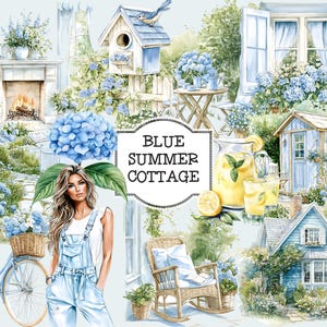 Pode incluir: Uma ilustração em aquarela de uma casa azul com um pássaro azul em uma casinha de pássaros, hortênsias, limonada, uma cadeira de balanço, uma bicicleta e uma mulher com um macacão. O texto "BLUE SUMMER COTTAGE" está escrito em uma faixa.