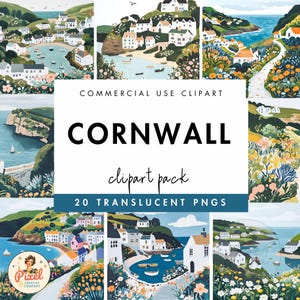 Gouache des Cornouailles Angleterre | Bord de mer britannique | Anglais Ville balnéaire | Cornouailles PNG | Clipart style gouache | Utilisation commerciale
