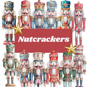 Puede incluir: Una colección de doce figuras de cascanueces en acuarela dispuestas en una cuadrícula, con varios uniformes en rojo, azul, verde y dorado. Un estandarte rectangular rojo central muestra el texto blanco Nutcrackers con dos estrellas doradas.