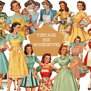 Clipart di casalinghe degli anni '50 / 36 immagini PNG acquerellate / Arte retrò di metà secolo / Uso commerciale / Download digitale