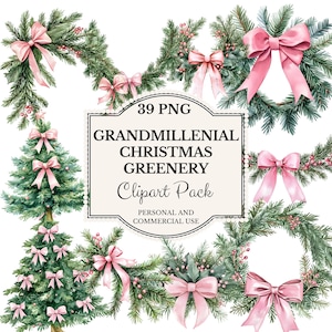 Christmas Grandmillennial Clipart, Christmas Greenery, Chinoiserie Christmas Holiday, Watercolor Coquette Clip Art, Holiday Clipart, Preppy