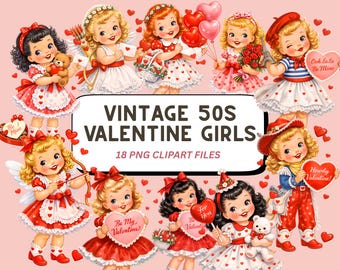 May include: A collection of vintage-style illustrations featuring girls in Valentine's Day attire. The girls are depicted with hearts, bows, and other Valentine's Day themed accessories. The text "VINTAGE 50S VALENTINE GIRLS" is displayed prominently.
