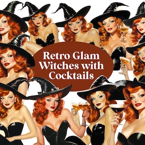Puede incluir: Un collage de nueve imágenes con mujeres vestidas de brujas con cabello rojo y vestidos negros, cada una sosteniendo un cóctel. El texto "Retro Glam Witches with Cocktails" está en el centro del collage.