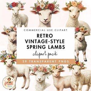 Retro Vintage-Style Spring Lambs Easter Clipart, Easter Lamb PNG, Commercial use, Retro Easter Graphics, Scrapbook, Junk Journal