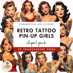Tatouage rétro Pin Up Girls Clipart aquarelle |  Femmes tatouées | Tatouage rétro PNG | Femme rétro PNG | Utilisation commerciale | Tatouage PNG