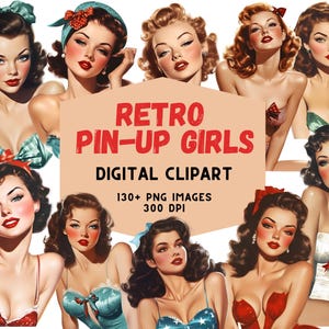 Retro Pin Up Girl Clipart: 1950s Glam PNG Illustrations (Digital Download