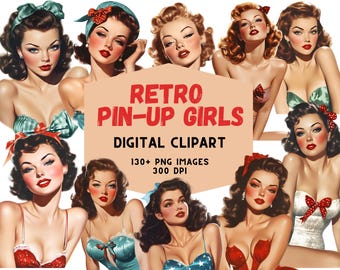 Retro Pin Up Girl Clipart: 1950s Glam PNG Illustrations (Digital Download