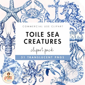 Imágenes prediseñadas de criaturas marinas en toile azul / Toile De Jouy / Estrellas de mar / Caballito de mar / Cangrejo / Azul y blanco / Delfín / Langosta / Medusa / Concha