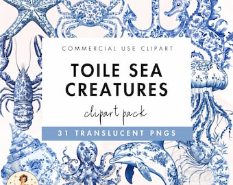 Blue Toile Sea Creatures Clipart: Chinoiserie Graphics (Digital Download)