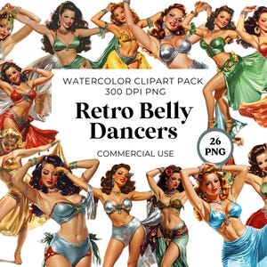 Set di clipart di danzatrici del ventre vintage per uso commerciale - 26 grafiche PNG retrò di bellissime ballerine - Download ad alta risoluzione