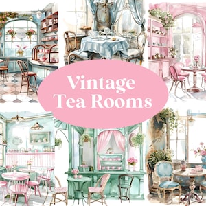 Vintage Teeräume Aquarell Clipart, Retro Teeräume ClipArt, Grafiken für kommerzielle Nutzung, Vintage Cafés Clipart, transparente PNG-Dateien