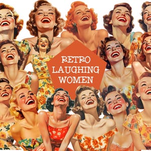 Retro Vintage-Inspired Laughing Women, 1950s Amused Women, Laughing Woman PNG, Retro Woman PNG, Commercial Use, Junk Journals, Paper Craft