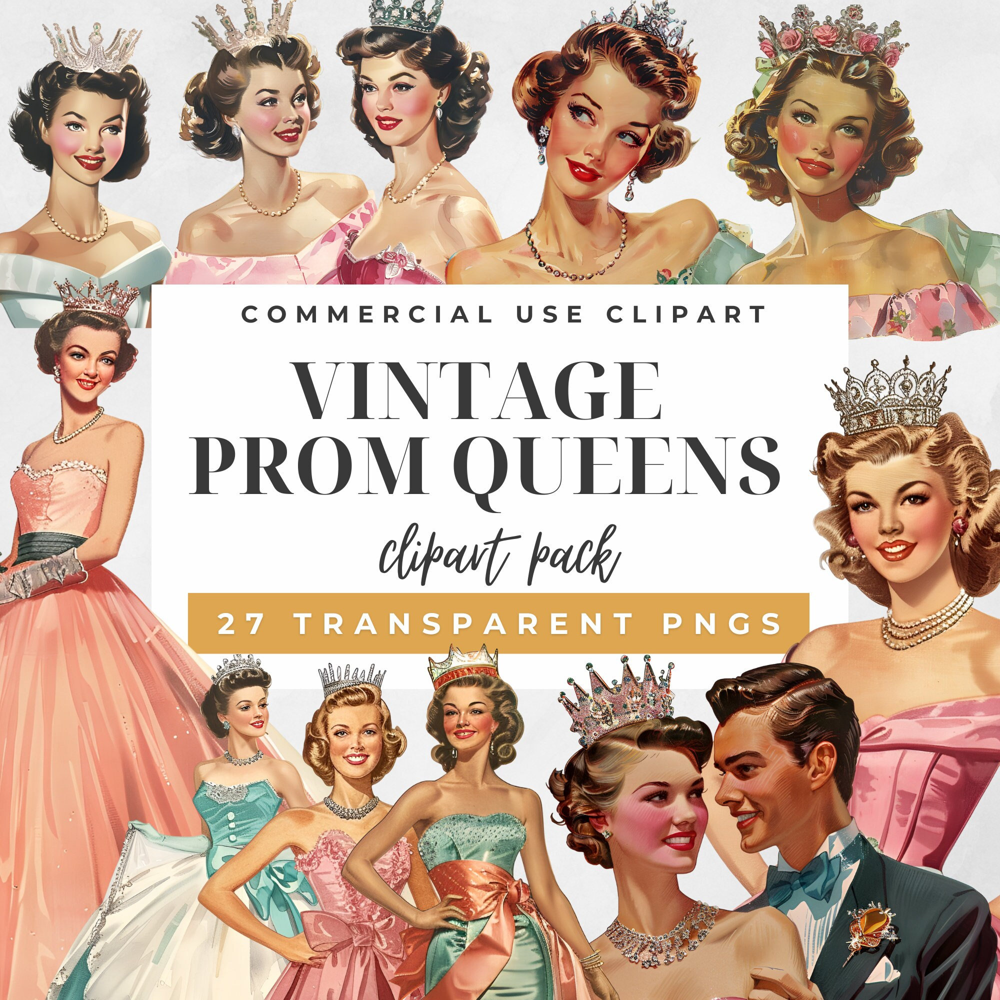Vintage Prom Queens Watercolor Clipart: 1950s Graphics (Commercial Use, PDF Download)
