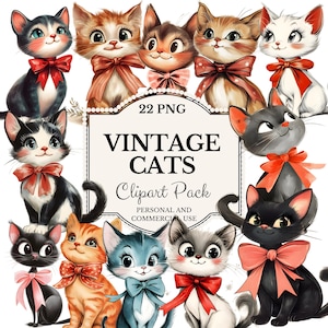 Retro Vintage-Inspired Cats Graphic Illustrations PNG | Great for Junk Journals, Scrapbooks, Collages, Paper Crafts, Apparel, Commercial use
