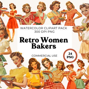 Retro Women Bakers clipart, Vintage Women baking clip art, uso comercial, gráficos históricos de mulheres assando tortas