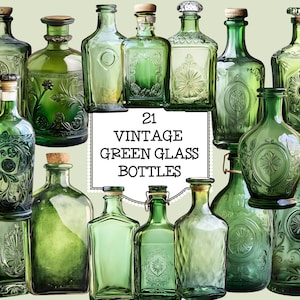 Vintage Green Glass Bottles Clipart: Retro Bottle Graphics (Commercial Use, Digital Download)