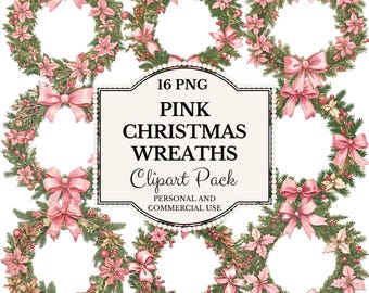 Pink Christmas Wreath Clipart: Festive Greenery Graphics (PNG, PDF)