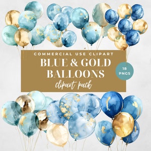 Blue and Gold Balloons clipart, Balloon clip art, Balloon graphics, Party Balloons, Birthday Balloons, Party illustrations, commercial use