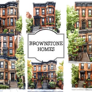 Brownstone Houses, Brown Brick Homes Clipart, Casas em Nova York, Casas na Cidade, Casas em Townhouse, Uso Comercial, Edifícios de Brown Brick