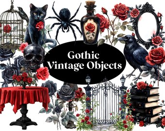 Gothic Red Roses Clipart: Vintage Halloween Illustrations (Digital Download)