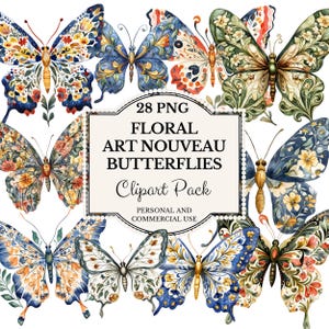 Floral Jugendstil Schmetterlinge Clipart | Jugendstil Schmetterlinge Grafik | Vintage Blumen Schmetterlinge Illustrationen | Kommerzielle Nutzung