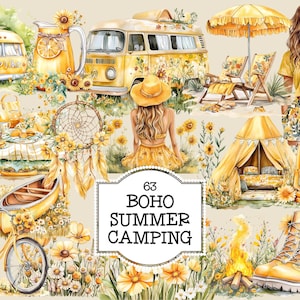 Imágenes prediseñadas de campamento de verano boho, gráficos florales amarillos para campamentos, mujeres, uso comercial en campamentos amarillos, ilustraciones vintage florales bohemias