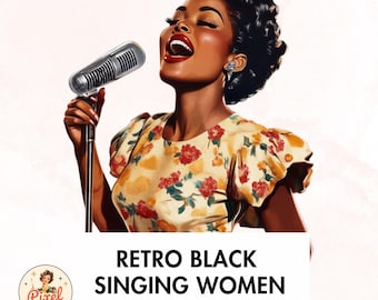 Op de afbeelding: Een retro-illustratie van een zwarte vrouw die in een microfoon zingt. Ze draagt een gele jurk met rode bloemenprint en heeft haar haar in een korte, krullende opsteekkapsel gestyled. De afbeelding is tegen een witte achtergrond.